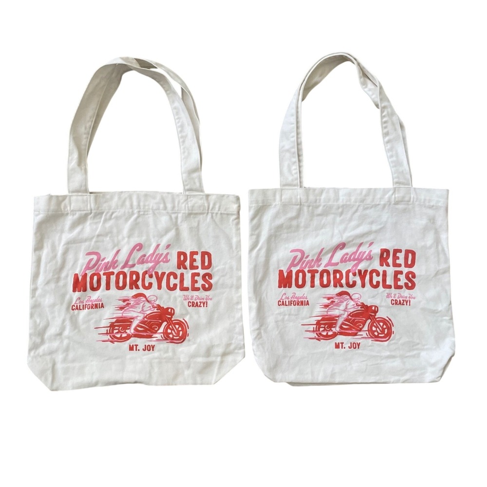 Mt Joy Pink Ladys Red Motorcycles Tote Bag White Graphic Canvas Band Merch‎